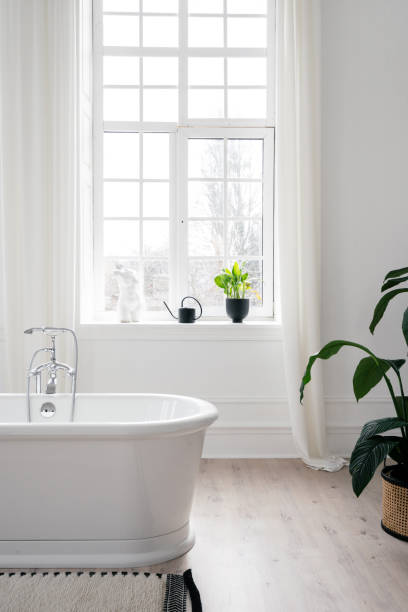 istock Bathtub against window in white modern bathroom 1317463340
