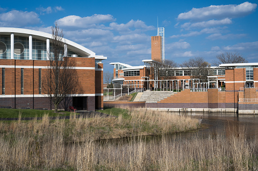 Orland Park, Illinois, USA - April 22, 2021: Exterior of the modern Orland Park Village Center complex