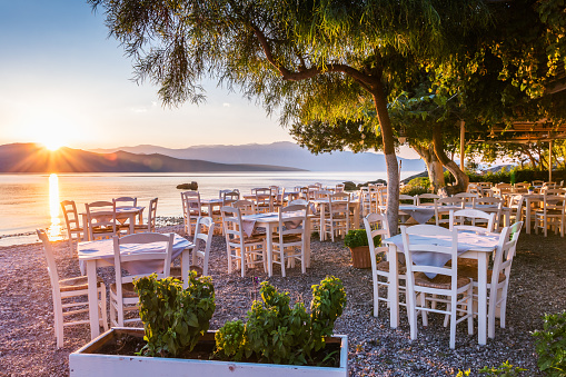 Lefkada, Greece. Nikiana beach taverna at sunrise, Lefkada island, Greece.