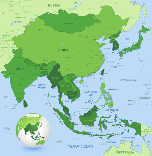 ilustraciones, imágenes clip art, dibujos animados e iconos de stock de mapa vectorial de países de asia. concepto verde mapa asia - north eastern italy