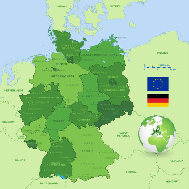 Map of Germany A High Detail vector Map of Germany States and major cities, with a 3D Globe centered on Germany and both Eu and Germany flags. brandenburg state stock illustrations