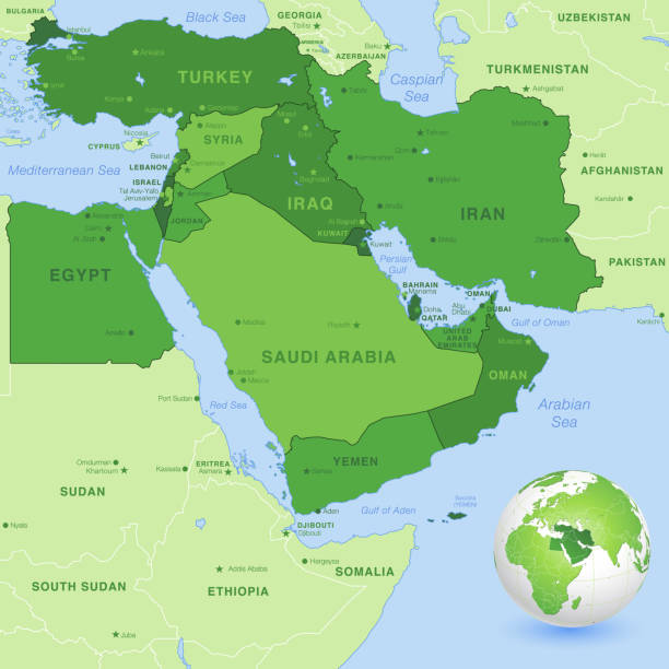 Vector Middle East Green Map High detail map of the Middle East Zone, with a 3D Globe centered on Middle East. israel egypt border stock illustrations