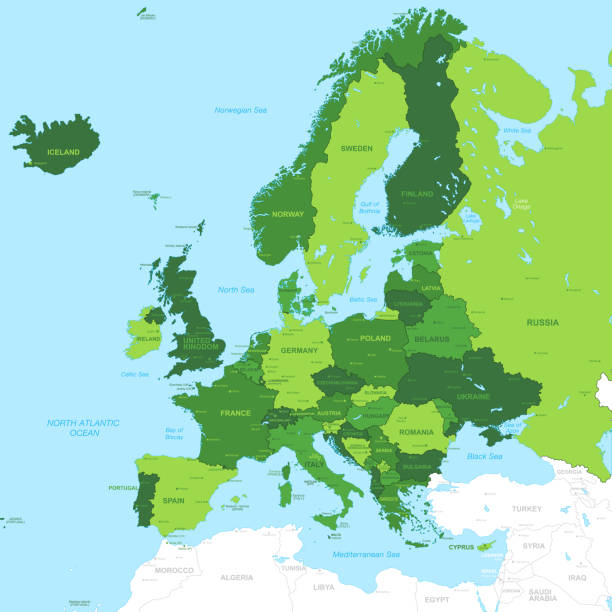 벡터 높은 세부 사항 녹색 유럽지도 - 아일랜드 북유럽 stock illustrations