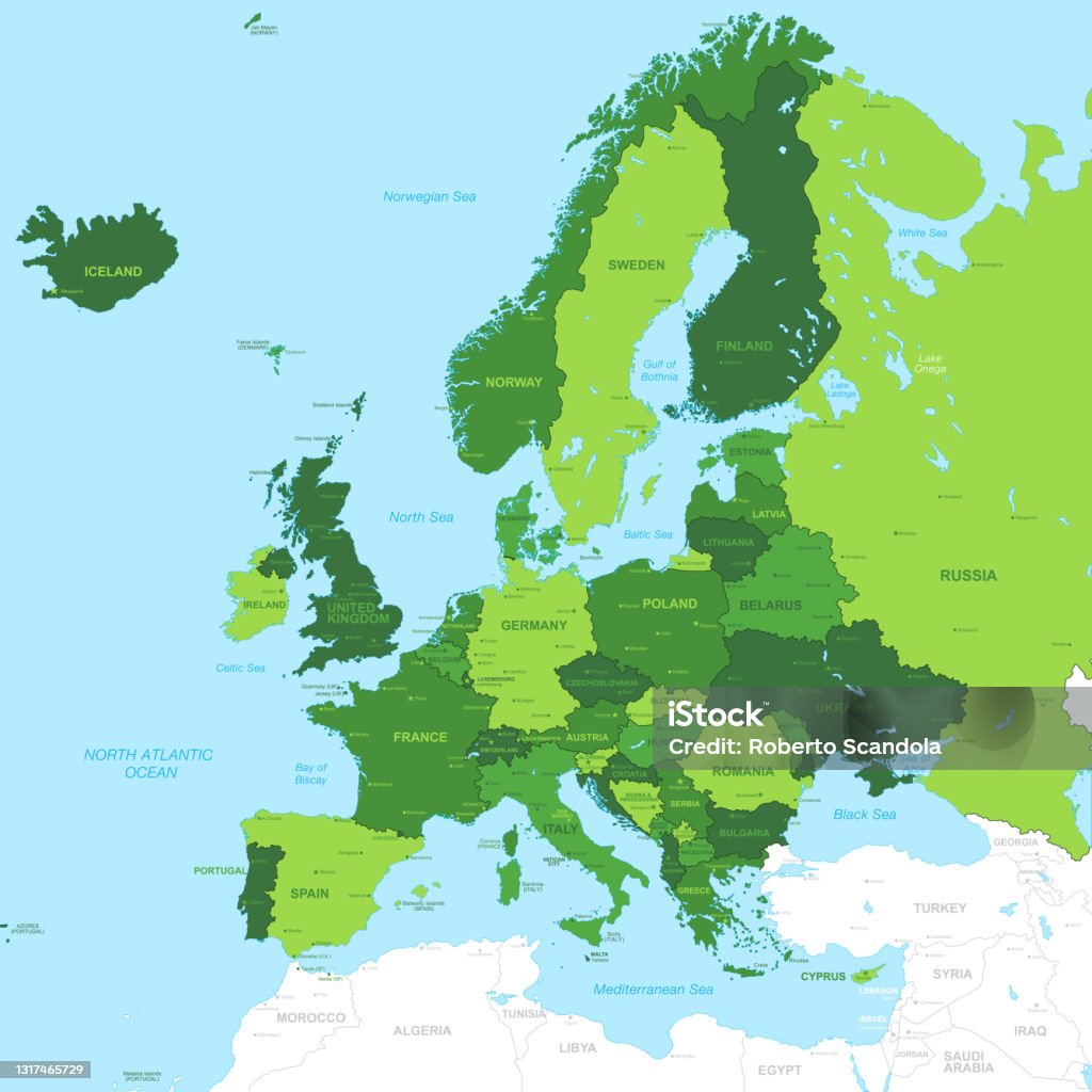 Вектор Высокая деталь Зеленая Европа Карта - Векторная графика Карта роялти-фри