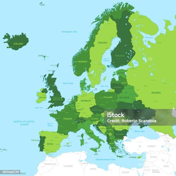 Вектор Высокая Деталь Зеленая Европа Карта — стоковая векторная графика и другие изображения на тему Карта - Карта, Европа - континент, Векторная графика