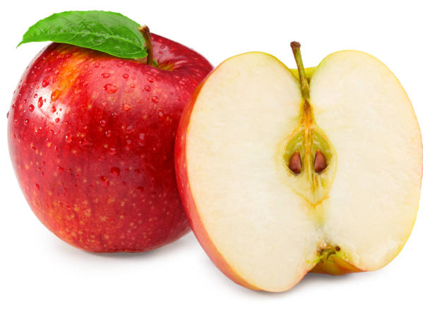istock red apples with green leaf and half isolated on white background. clipping path 1317466712