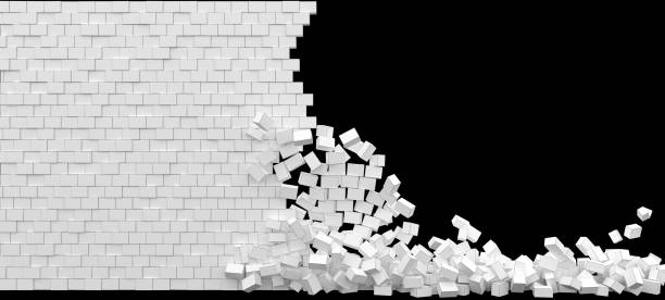 Broken white brick wall on a black background Illustration Destroyed brick wall as a background for photo wallpapers and posters breaking photos stock pictures, royalty-free photos & images