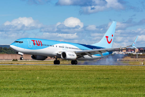 TUI Boeing 737-800 airplane Stuttgart Airport in Germany Stuttgart, Germany - October 4, 2020: TUI Boeing 737-800 airplane at Stuttgart Airport in Germany. Boeing is an American aircraft manufacturer headquartered in Chicago. stuttgart germany pics stock pictures, royalty-free photos & images