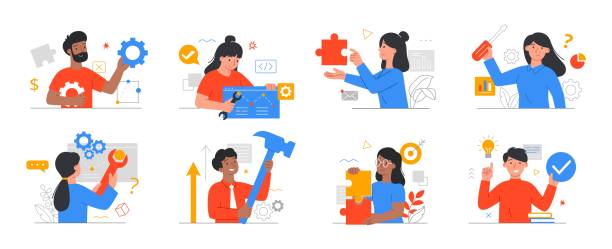Solving and fixing technical problems A collection of designs with diverse multiracial male and female technicians solving and fixing technical problems, errors breakdowns. Set of flat vector illustrations isolated on white background game developer stock illustrations