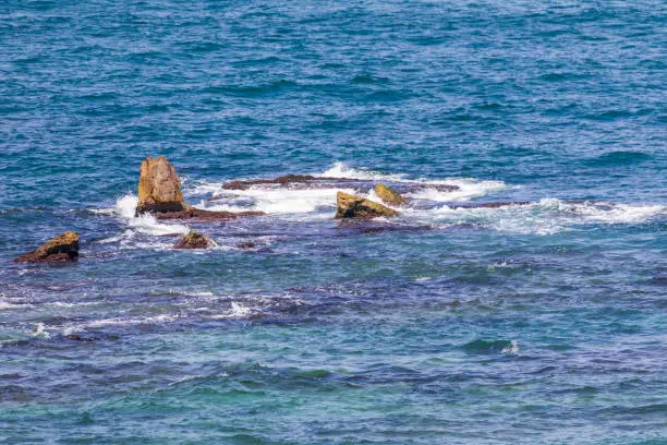 Closeup view on Andromeda's Rock at Mediterranean sea in Jaffo city, Israel