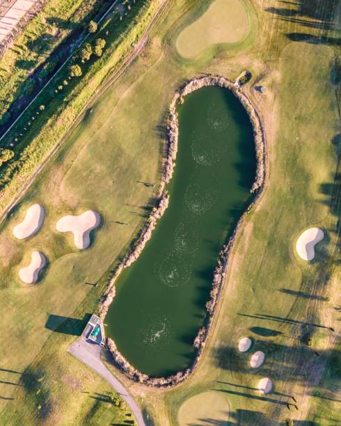 aerial view of the golf court with a small lake in the field, view of the country sport club in cruz quebrada-dafundo, lisbon, portugal. - coastline aerial view forest pond imagens e fotografias de stock