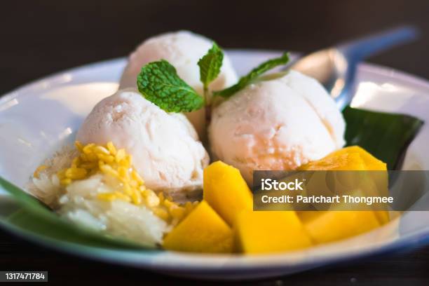 Mango Ice Cream With Sticky Rice Deliciou Sweet Dessert Stock Photo - Download Image Now