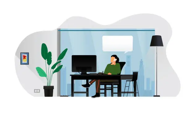 Vector illustration of Detailed vector illustration of business office background,The girl sitting in front of the computer talking on the phone