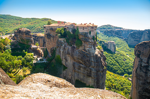 View of Monastery of the Holy Trinity om rock in Meteora, Greece. The Meteora area is on UNESCO World Heritage List since 1988