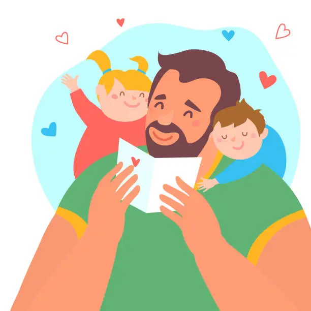 Vector illustration of Happy Father's Day. Dad with his daughter and son in his arms. Greeting card for the holiday.