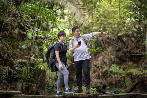 istock Asian Chinese couple using mobile app on map for direction navigation hiking and exploring forest 1317476452