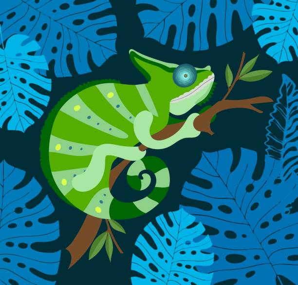 istock Cute chameleon hand drawing flat illustration. Tropical leaves of monstera. 1317477471