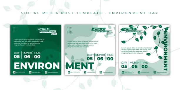 illustrazioni stock, clip art, cartoni animati e icone di tendenza di design della giornata mondiale dell'ambiente con illustrazione vettoriale a foglia verde. set di modelli di post sui social media - nature day plant leaf