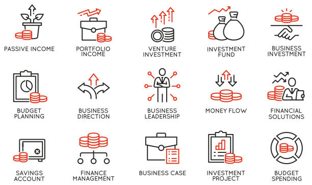 비즈니스 투자, 무역 서비스, 투자 전략 및 금융 간질과 관련된 선형 아이콘의 벡터 세트. 모노 라인 픽토그램 및 인포그래픽 디자인 요소 - growth business improvement investment stock illustrations