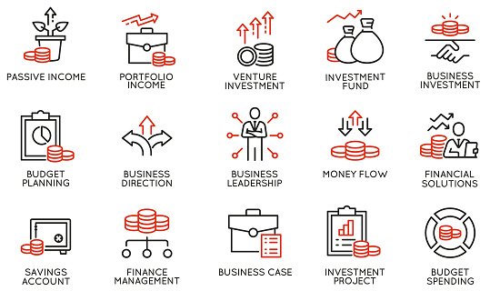 Vector Set of Linear Icons Related to Business investment, Trade Service, Investment Strategy and Finance Manegement. Mono Line Pictograms and Infographics Design Elements