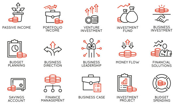 Vector Set of Linear Icons Related to Business investment, Trade Service, Investment Strategy and Finance Manegement. Mono Line Pictograms and Infographics Design Elements Vector Set of Linear Icons Related to Business investment, Trade Service, Investment Strategy and Finance Manegement. Mono Line Pictograms and Infographics Design Elements accountancy stock illustrations