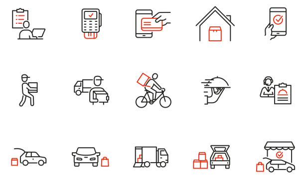 Vector Set of Linear Icons Related to Express Delivery Process, Delivery Home, Contactless and Order Curbside Pickup Online. Mono line pictograms and infographics design elements Vector Set of Linear Icons Related to Express Delivery Process, Delivery Home, Contactless and Order Curbside Pickup Online. Mono line pictograms and infographics design elements truck stock illustrations