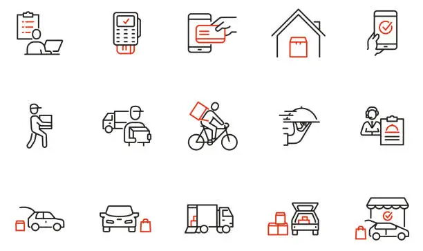 Vector illustration of Vector Set of Linear Icons Related to Express Delivery Process, Delivery Home, Contactless and Order Curbside Pickup Online. Mono line pictograms and infographics design elements