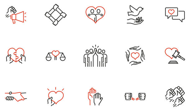 Vector Set of Linear Icons Related to Harmony to Relationships, Human Rights, Interaction, Joint Development and Equality. Mono Line Pictograms and Infographics Design Elements - part 3 Vector Set of Linear Icons Related to Harmony to Relationships, Human Rights, Interaction, Joint Development and Equality. Mono Line Pictograms and Infographics Design Elements - part 3 diversity hands forming heart stock illustrations