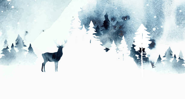bildbanksillustrationer, clip art samt tecknat material och ikoner med akvarell vektor vinterlandskap med isolerade renar, berg och skog i blå färger. naturen vinter illustration. akvarell design - reindeer mist