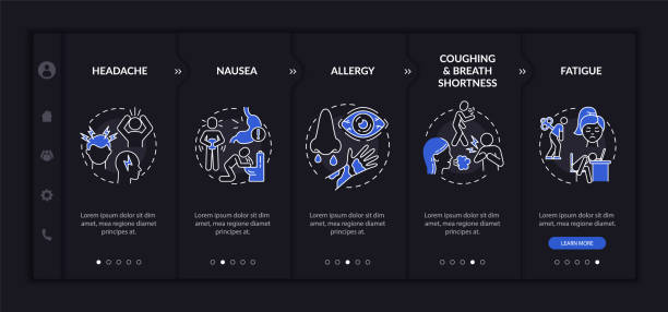 Air pollution disease diagnosis onboarding vector template Air pollution disease diagnosis onboarding vector template. Responsive mobile website with icons. Web page walkthrough 5 step screens. Migraine, vomiting night mode concept with linear illustrations air quality stock illustrations