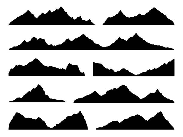 ilustraciones, imágenes clip art, dibujos animados e iconos de stock de siluetas de montañas negras. skyline cordilleras, paisaje de caminata de alta montaña, picos alpinos. borde natural de senderismo extremo. plantilla panorámica horizontal, elementos de decoración vectorial aislado conjunto - extreme sports adventure activity backgrounds