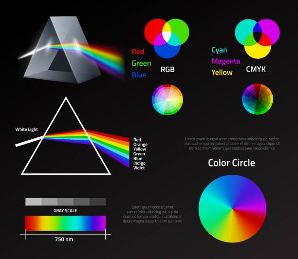 ilustraciones, imágenes clip art, dibujos animados e iconos de stock de espectro arco iris prisma ligero. esquemas lineales de círculo de color de refracción física, ondas visibles, sistema de representación de color. dispersión de luces blancas, infografías vectoriales de carteles educativos - refracción