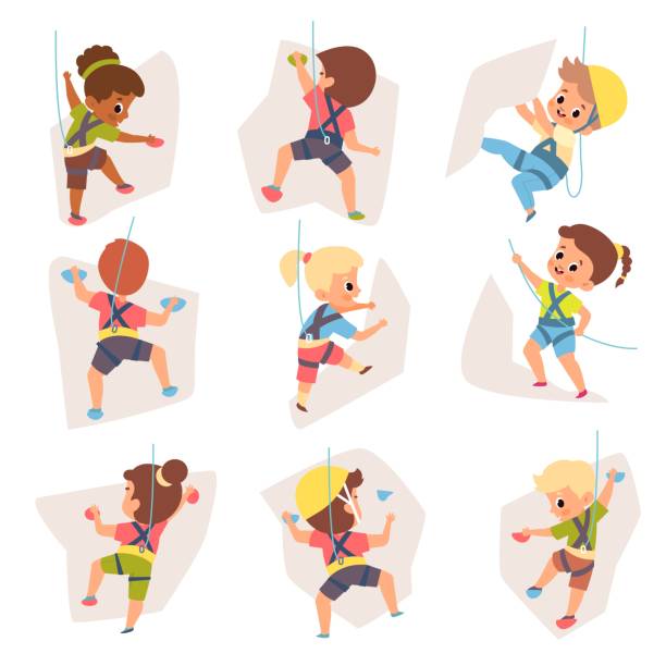 ilustrações de stock, clip art, desenhos animados e ícones de kids climbing. happy equipped children crawling up wall with colored ledges, young rock climbers engaged extreme mountaineering. boys and girls hanging on playground vector cartoon set - equipped