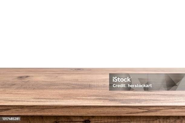 Empty Brown Wooden Table Top Isolated On White Background Stock Photo - Download Image Now