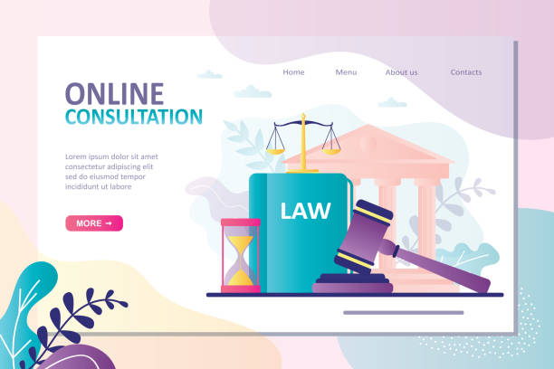 Concept of online legal advice. Legal assistance in court. Professional law attorney consultation online Concept of online legal advice. Legal assistance in court. Professional law attorney consultation online. Courthouse and scales on background. Landing page template. Trendy flat vector illustration lawyer backgrounds stock illustrations