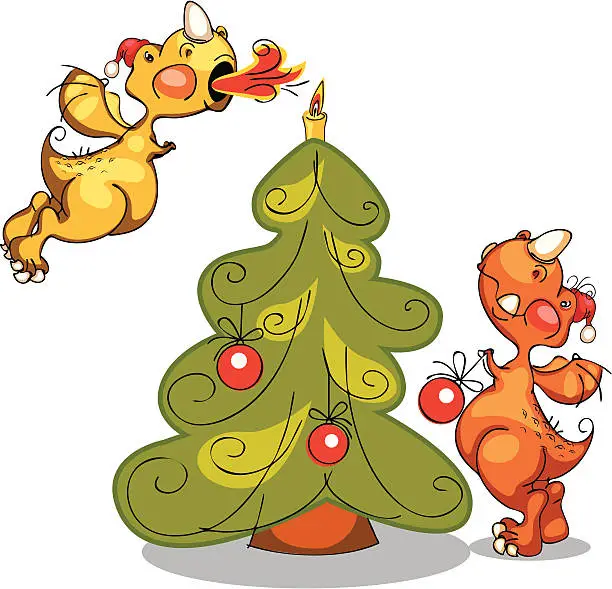 Vector illustration of two dragons and Christmas trees