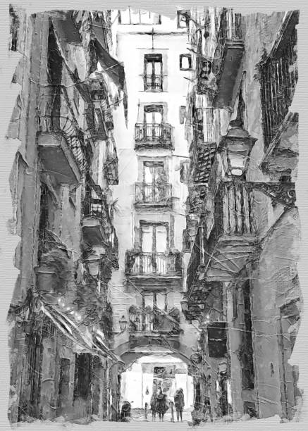 Apartment alley with balconies in Barcelona, Spain