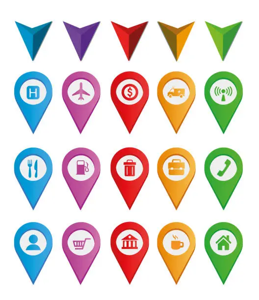 Vector illustration of Colorful flat design map pin icon set with attractions and national park points. Map pointers thin line vector stock illustration. Icon set contains of symbols of airport, restaurant, bank, hospital, café, shopping center, phone booth, Wi-Fi hotspot etc.
