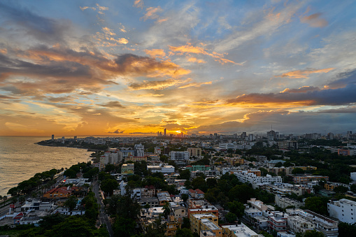A beautiful Orange sunset over Santo Domingo, Dominican Republic.