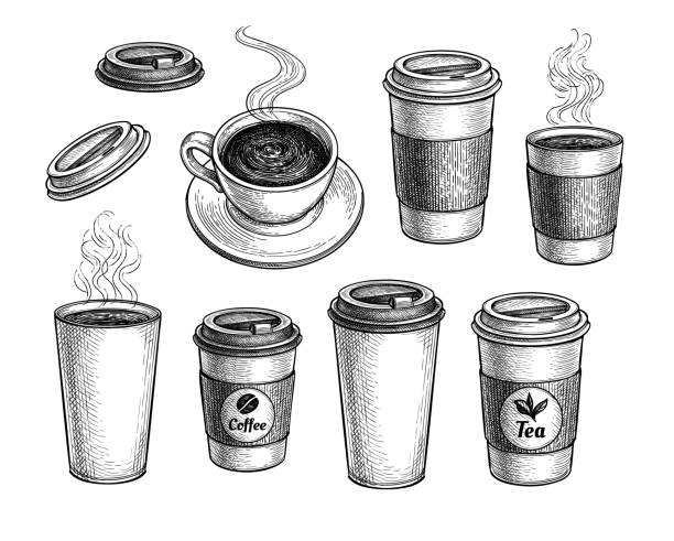 Coffee and tea big set. Coffee and tea big set. Ink sketch isolated on white background. Hand drawn vector illustration. Retro style. decaffeinated stock illustrations