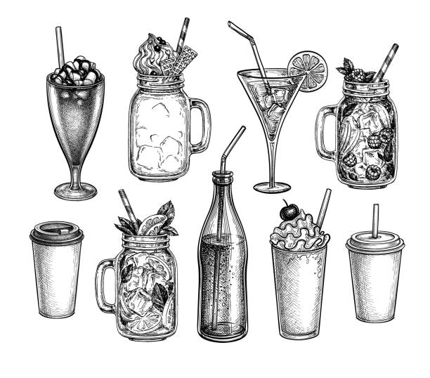 illustrations, cliparts, dessins animés et icônes de croquis d’encre des boissons. - raspberry milkshake