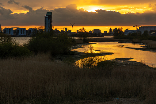 View over the nature reserve De Zaag in Krimpen aan den IJssel, with sun setting in the background with a view of the dutch skyline of Rotterdam. Made during sunset.