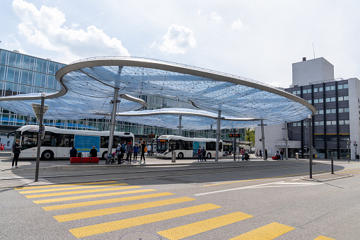 Aarau, Switzerland - 28 April, 2021: view of the modern train and bus station in downtown Aarau