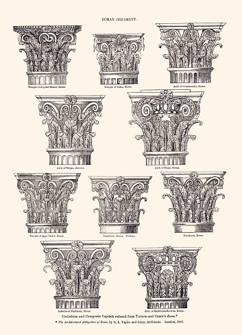 Corinthian and Composite Capitals reduced from G.L.TAYLOR and CRESY'S,1821.
Vintage etching circa late 19th century.