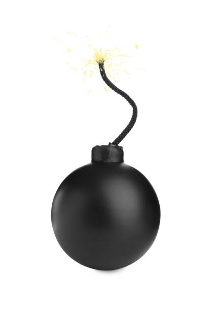 Black spherical bomb with a burning flexible wick, which is fixed to its fuse hole. 3D rendering graphics on black background.