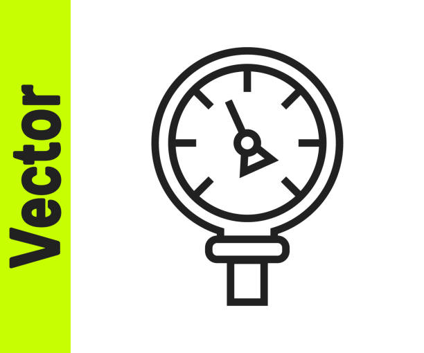 ilustraciones, imágenes clip art, dibujos animados e iconos de stock de línea negra icono del medidor de agua a presión aislado sobre fondo blanco. vector - pressure gauge gauge physical pressure pipeline