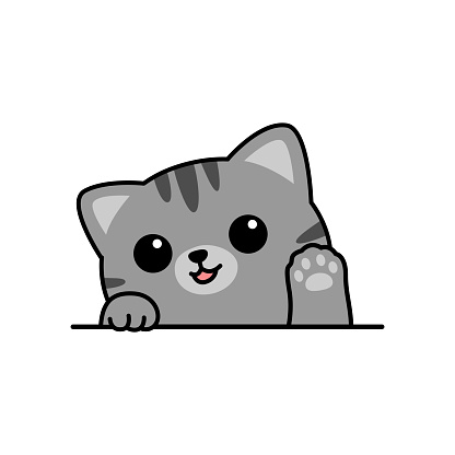 Cute gray cat waving paw cartoon, vector illustration
