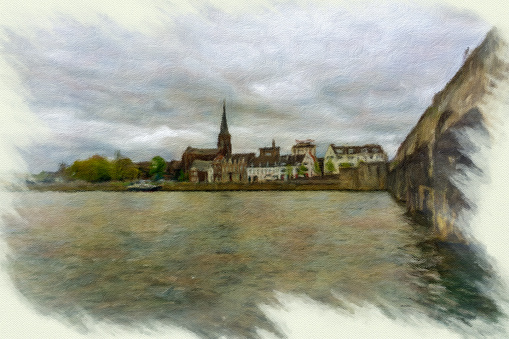 A digital oil cityscape of Maastricht and the Maas River in the Netherlands