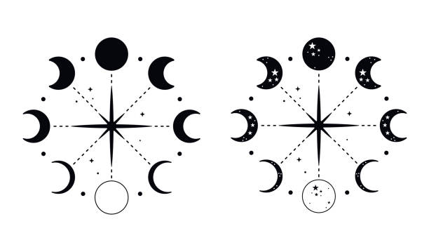 Moon phases in a circular composition. Moon phases in a circular composition. Black crescent moon with stars. Vector illustration. moon silhouettes stock illustrations