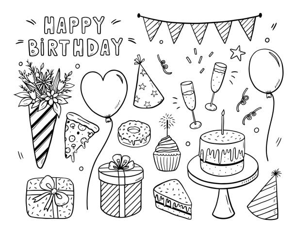 wektor doodle zestaw elementów projektu urodzinowego - birthday balloon bouquet clip art stock illustrations